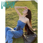 Lunivop Waistband Bra High Waist Jeans Jumpsuit Women’s Summer Thin Split Wide Leg Trousers Mop